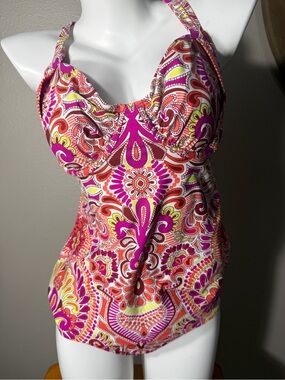 Vibrant Pink & Orange Paisley Halter Tankini Top and bottoms